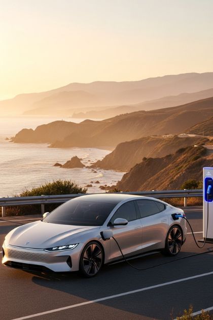 Carro elétrico branco recarregando em estação na estrada costeira ao pôr do sol