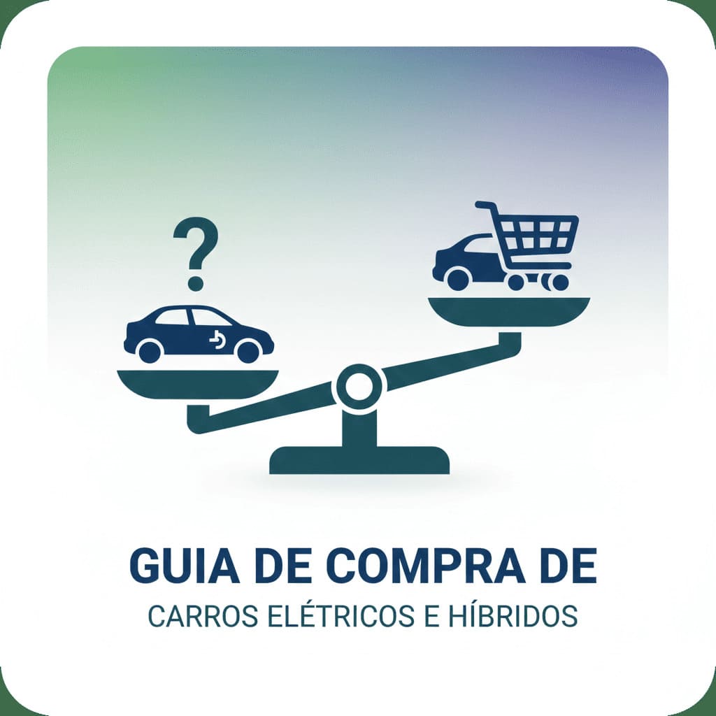 Ilustração de uma balança de dois pratos, onde um lado tem um carro com um ponto de interrogação e o outro tem um carro com um carrinho de compras, com o texto "GUIA DE COMPRA DE CARROS ELÉTRICOS E HÍBRIDOS"