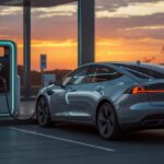 Carro elétrico sendo carregado em estação moderna ao pôr do sol, ilustrando conteúdo sobre se vale a pena ter um carro elétrico