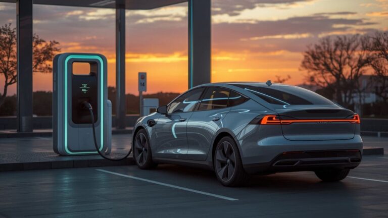 Carro elétrico sendo carregado em estação moderna ao pôr do sol, ilustrando conteúdo sobre se vale a pena ter um carro elétrico