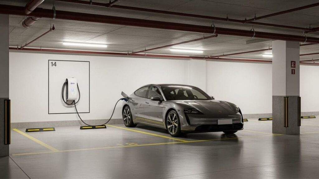 Carro elétrico cinza conectado a carregador em vaga exclusiva de estacionamento subterrâneo para carregar carro elétrico no Brasil