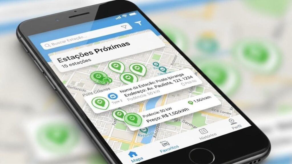 Aplicativo de celular mostrando mapa com estações de recarga para carregar carro elétrico no Brasil