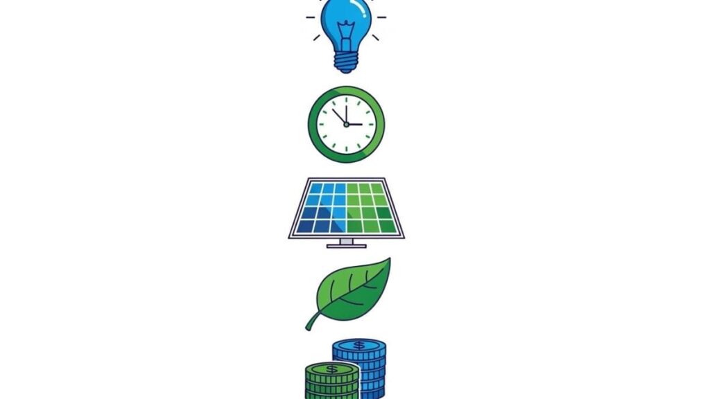 Ícones representando vantagens de carregar carro elétrico no Brasil: economia, sustentabilidade e energia solar