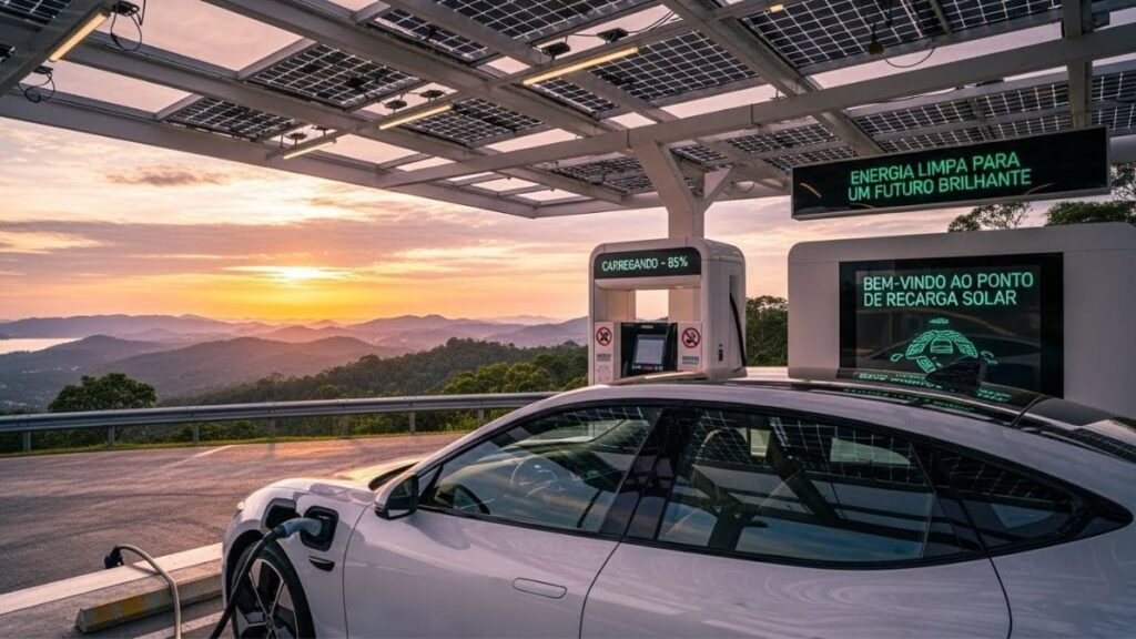 Carro elétrico branco em estação de recarga solar ao pôr do sol para carregar carro elétrico no Brasil com energia limpa