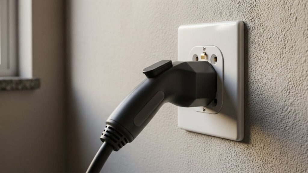Plugue de carregamento de carro elétrico conectado diretamente a uma tomada residencial em uma parede interna.