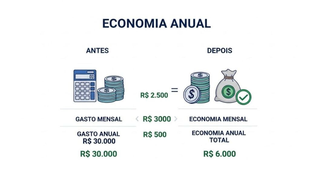 Infográfico comparando gastos antes e depois, mostrando uma economia mensal de R$ 2.500,00 e uma economia anual total de R$ 6.000,00, destacando os benefícios de carregar carro elétrico no Brasil.