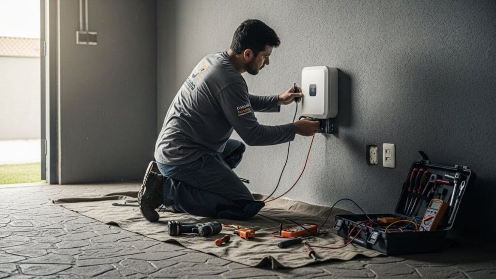 Eletricista instalando wallbox para carregar carro elétrico em garagem residencial no Brasil