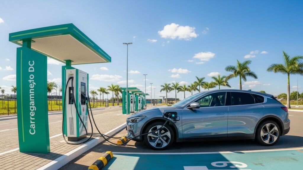 Uma imagem de um carro elétrico prateado sendo carregado em um posto de carregamento rápido DC (corrente contínua) de cor verde e branco, com palmeiras e céu azul ao fundo, ilustrando a infraestrutura para carregar carro elétrico no Brasil.