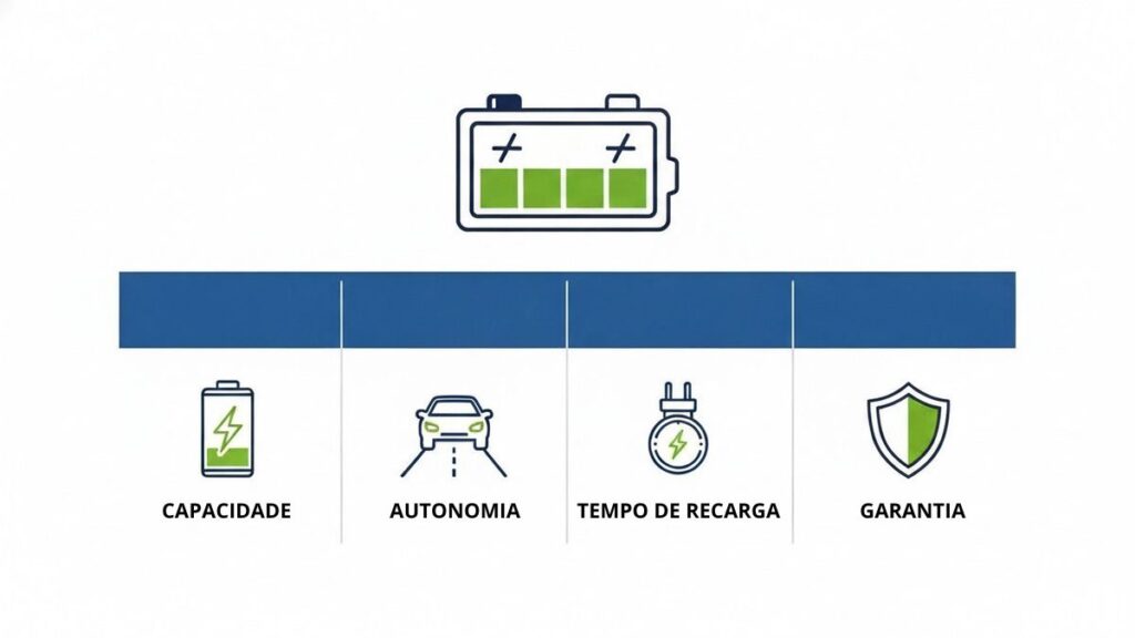 Infográfico sobre as especificações da bateria do BYD Dolphin Mini, destacando capacidade, autonomia, tempo de recarga e garantia.