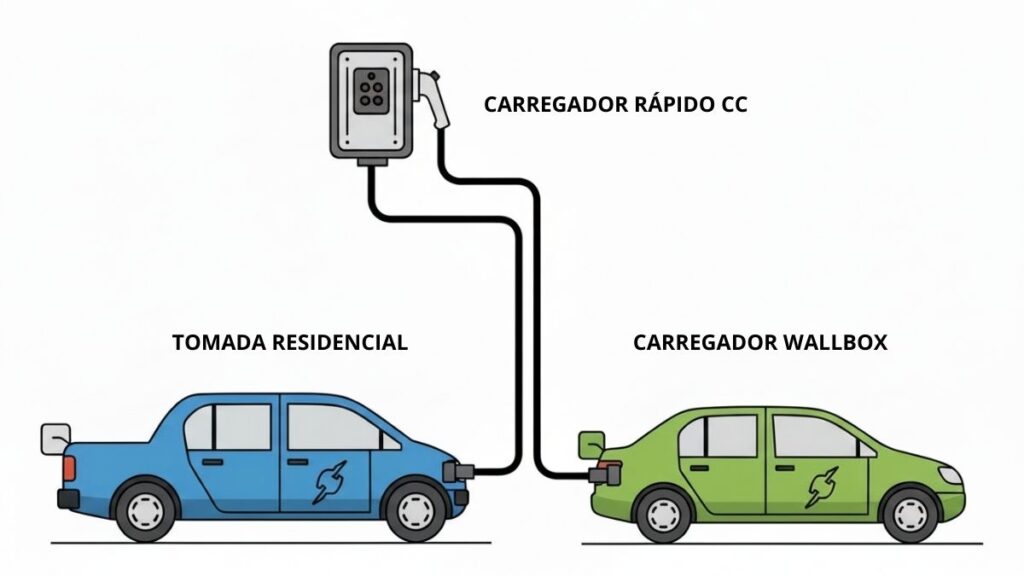 Infográfico mostrando os diferentes tipos de carregamento do BYD Dolphin Mini, incluindo tomada residencial, carregador Wallbox e carregador rápido CC.