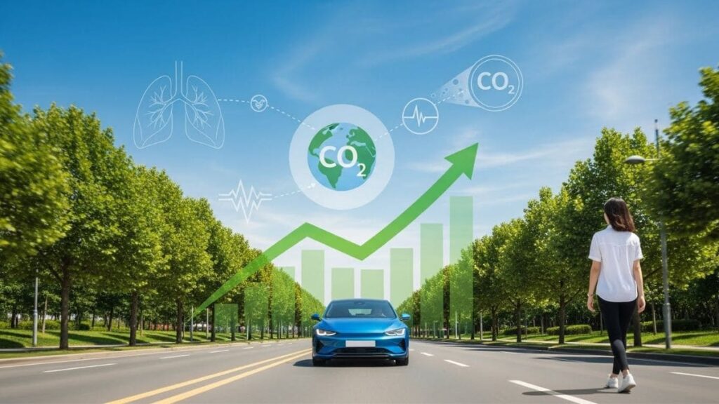 Carro elétrico circulando em avenida arborizada no Brasil com gráficos de redução de CO₂, representando benefícios ambientais e impacto do IPVA de carro elétrico no Brasil.