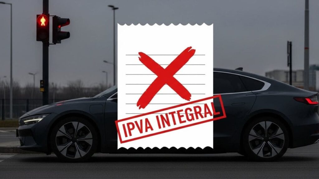 IPVA de carro elétrico no Brasil cobrado integralmente em estados sem incentivos fiscais. Carro elétrico parado sob luz vermelha de custo.