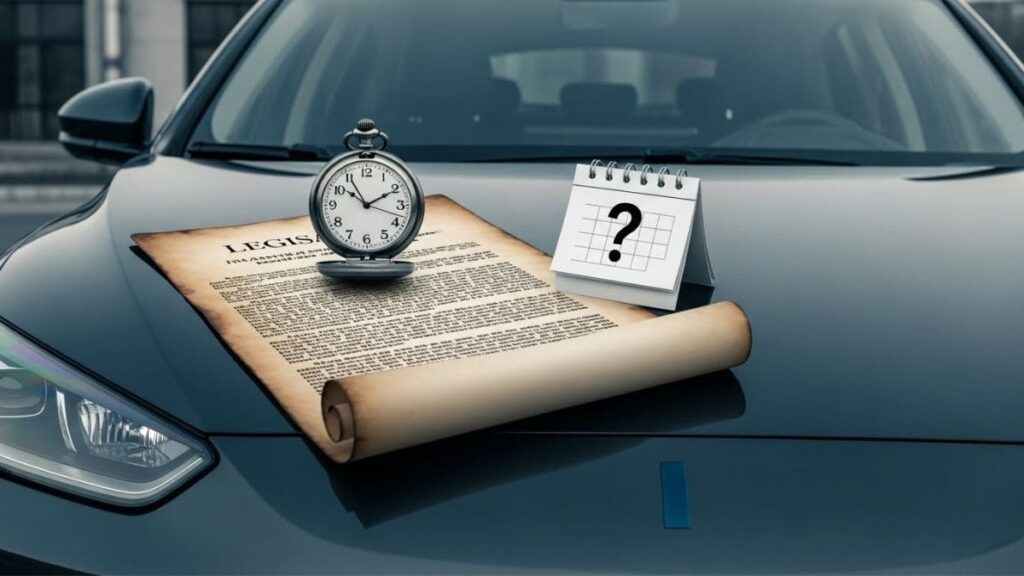 Legislação, relógio e calendário com interrogação, representando a validade e o futuro incerto dos incentivos do IPVA de carro elétrico no Brasil.