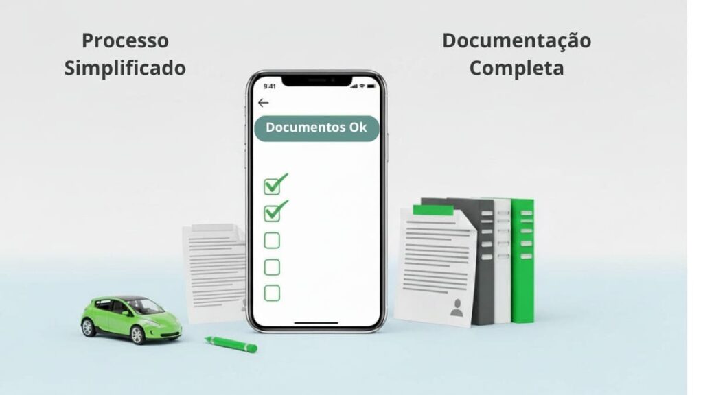 Processo simplificado para solicitar a isenção do IPVA de carro elétrico no Brasil, com checklist de documentos aprovados em smartphone.