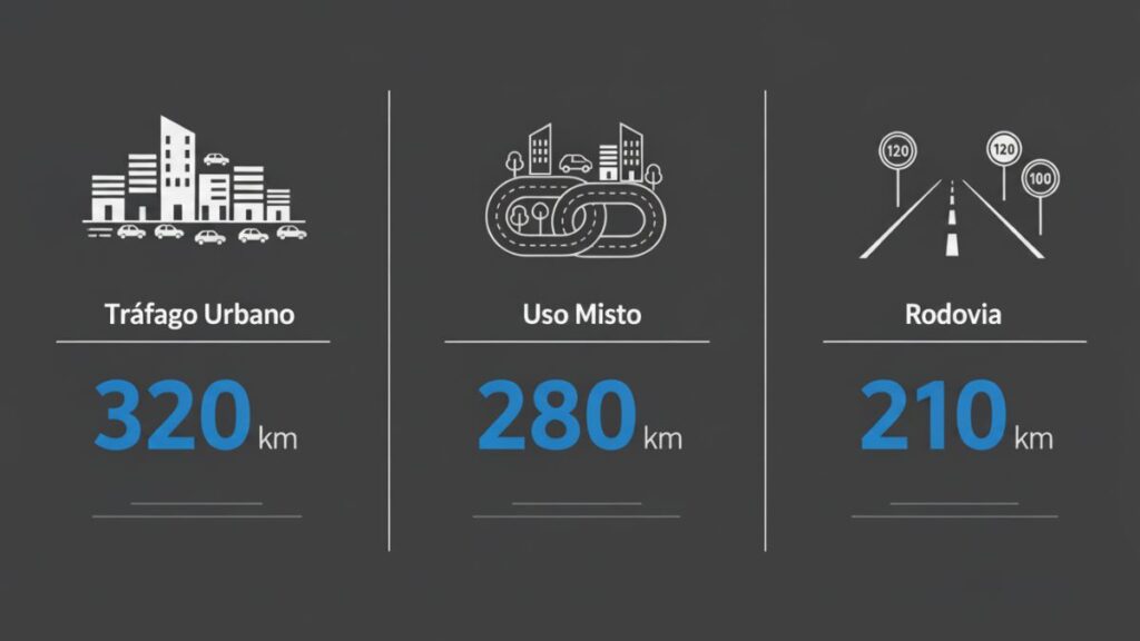 Infográfico mostrando as autonomias do BYD Dolphin Mini em diferentes cenários: tráfego urbano, uso misto e rodovia.
