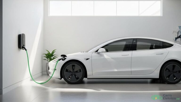 Carregar carro elétrico no Brasil em garagem residencial com estação de recarga doméstica e veículo conectado ao carregador