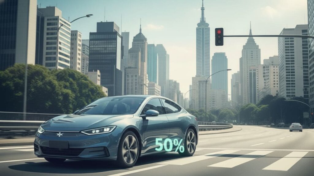 Carro elétrico circulando pela cidade de São Paulo com elementos visuais que representam economia e redução do IPVA.