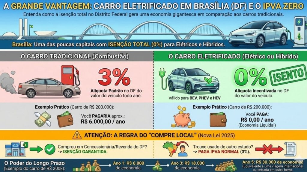 Infográfico sobre economia anual comparando gastos anteriores de R$ 30.000 com uma economia total de R$ 6.000, destacando os benefícios financeiros do IPVA carro elétrico brasília 2026.