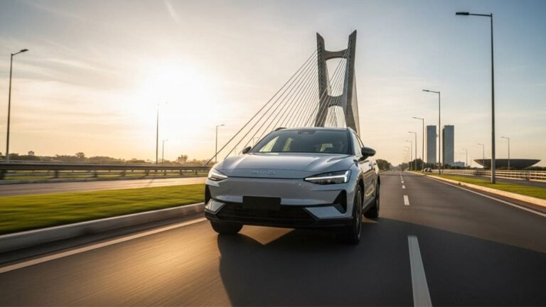Carro elétrico BYD carregando em Brasília com a Ponte JK ao fundo, ilustrando o IPVA Carro Elétrico Brasília 2026.