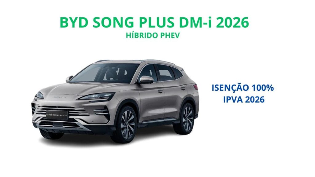 Infográfico com fundo branco mostrando um BYD Song Plus DM-i 2026 prata, com os textos "Híbrido PHEV" e "Isenção 100% IPVA 2026", destacando o benefício fiscal em Brasília.