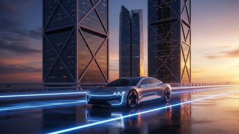 Comparativo dos melhores carros elétricos 2026 em destaque, com veículos modernos alinhados e fundo urbano futurista.