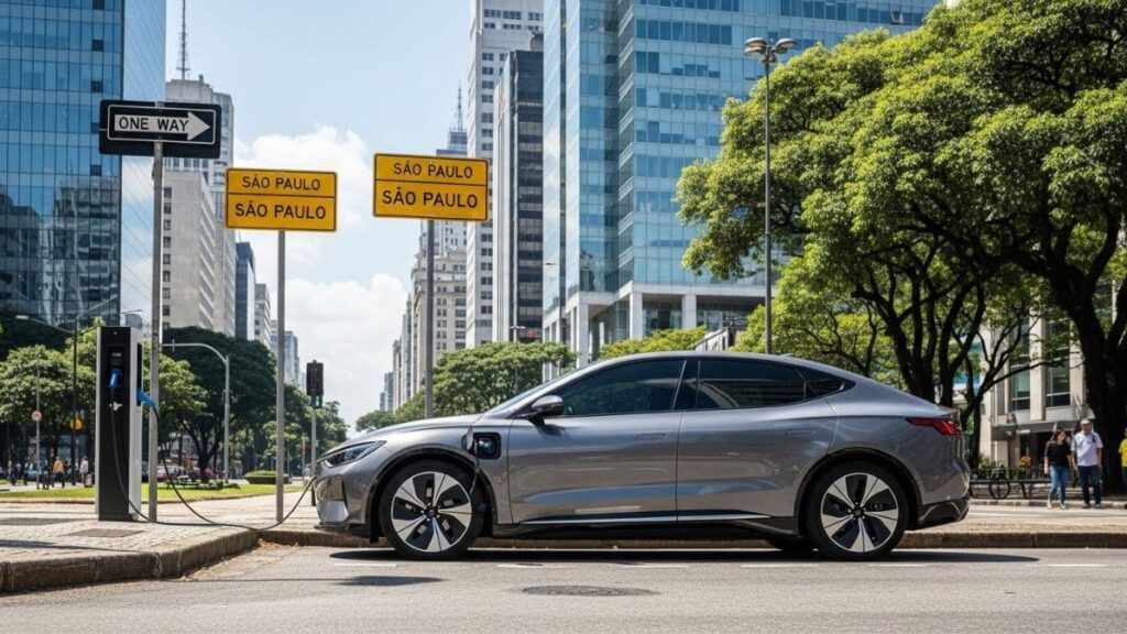 Carro elétrico circulando em São Paulo com destaque para economia, benefícios fiscais e IPVA em 2026