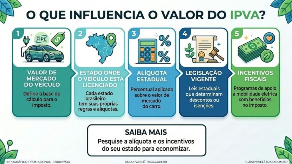 Infográfico com fluxo de cinco etapas em colunas coloridas explicando o que influencia o valor do IPVA de carros elétricos. Os tópicos incluem: valor de mercado, estado de licenciamento, alíquota estadual, legislação vigente e incentivos fiscais.