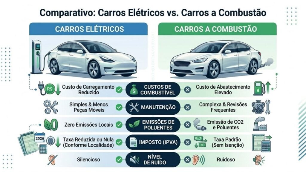 Infográfico comparativo em formato de tabela destacando as vantagens no IPVA de carros elétricos em relação aos modelos a combustão. O gráfico exibe um sedan elétrico à esquerda e um carro tradicional à direita, comparando custos de combustível, manutenção, poluentes, imposto e ruído.