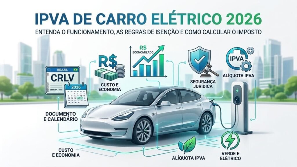 Infográfico explicativo focado no IPVA de carros elétricos, mostrando um veículo sedan prateado carregando em um totem elétrico. O carro está cercado por ícones conectados por linhas guia que indicam documento e calendário, custo e economia, alíquota do imposto e segurança jurídica.