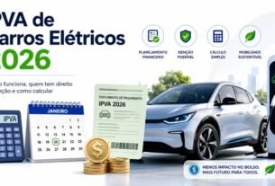 Infográfico explicativo sobre o IPVA de carros elétricos em 2026, mostrando um veículo elétrico branco recarregando em uma estação, ao lado de um calendário, calculadora, moedas e um documento de pagamento do imposto.