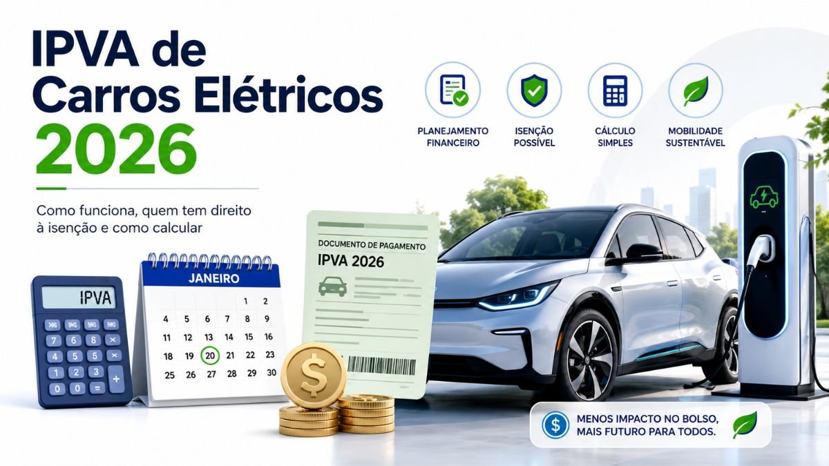 Infográfico explicativo sobre o IPVA de carros elétricos em 2026, mostrando um veículo elétrico branco recarregando em uma estação, ao lado de um calendário, calculadora, moedas e um documento de pagamento do imposto.