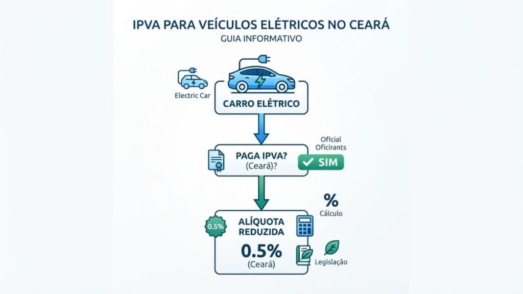 Infográfico em formato de fluxograma vertical com o título "IPVA para Veículos Elétricos no Ceará". O gráfico demonstra de forma direta que esses automóveis pagam imposto no estado, mas contam com o benefício de uma alíquota reduzida de 0,5%, detalhando as regras do IPVA Carro Elétrico Ceará.