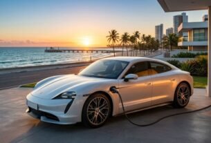 Fotografia de um carro esportivo elétrico Porsche Taycan branco estacionado e conectado a um carregador de parede (wallbox) em uma garagem litorânea. Ao fundo, destaca-se uma praia com coqueiros, um píer e o pôr do sol no horizonte, ilustrando o estilo de vida e a economia com o IPVA Carro Elétrico Ceará.