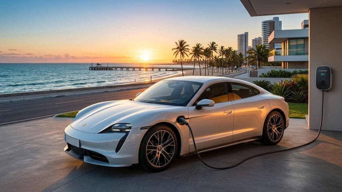 Fotografia de um carro esportivo elétrico Porsche Taycan branco estacionado e conectado a um carregador de parede (wallbox) em uma garagem litorânea. Ao fundo, destaca-se uma praia com coqueiros, um píer e o pôr do sol no horizonte, ilustrando o estilo de vida e a economia com o IPVA Carro Elétrico Ceará.
