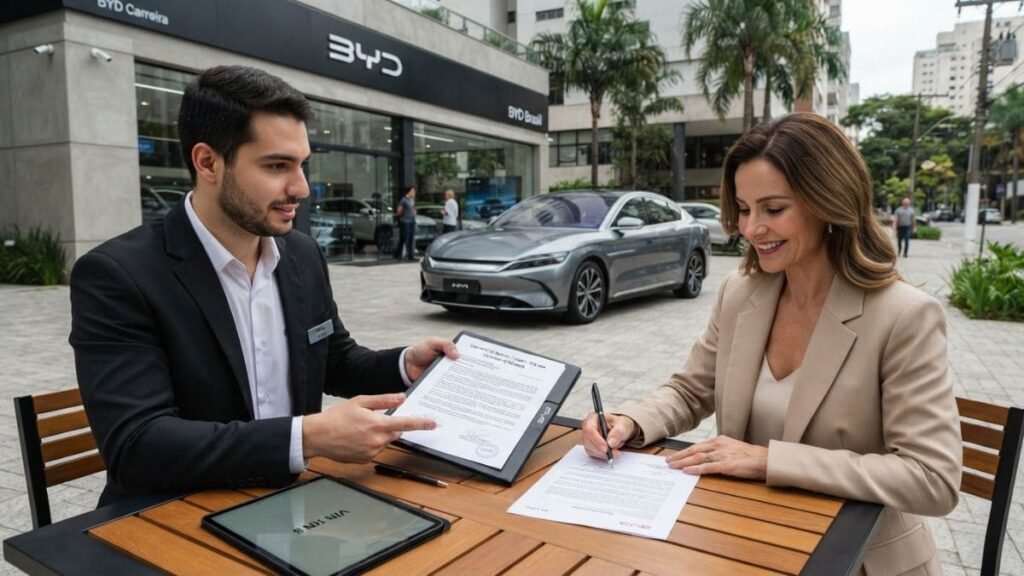 Fotografia em plano médio mostrando um consultor de vendas de terno indicando cláusulas em uma prancheta com contrato para uma cliente sorridente que assina o documento com uma caneta. Eles estão em uma mesa externa de madeira em frente a uma concessionária BYD com um sedã elétrico cinza ao fundo, exemplificando a aquisição com foco nas regras do IPVA Carro Elétrico MG.
