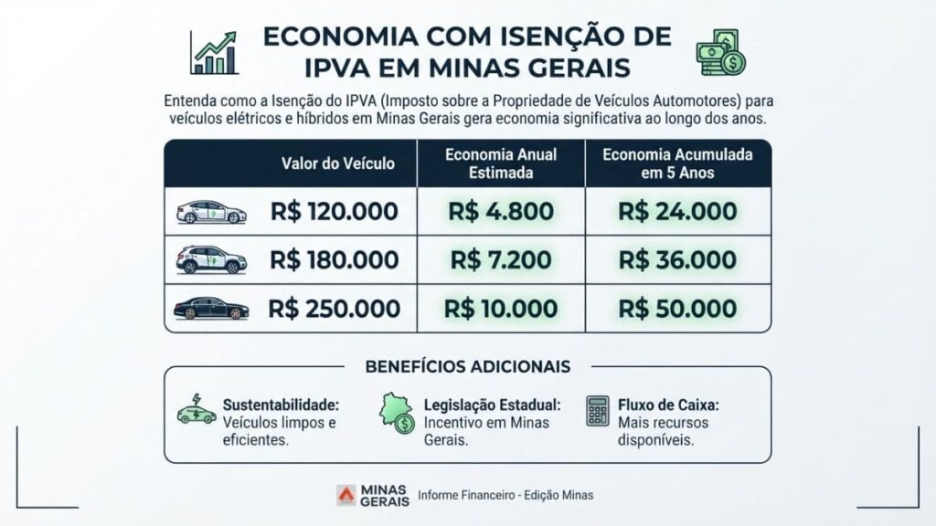 Infográfico com tabela comparativa de projeção financeira intitulado "ECONOMIA COM ISENÇÃO DE IPVA EM MINAS GERAIS". O gráfico apresenta simulações de economia anual e acumulada em 5 anos baseadas em três faixas de valores de veículos, ilustrando as vantagens financeiras do IPVA Carro Elétrico MG.