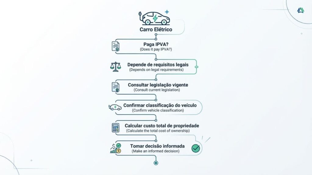 Infográfico em formato de fluxograma vertical detalhando as etapas para avaliar a tributação de um veículo eletrificado. O gráfico apresenta um passo a passo com ícones explicativos em português e inglês para orientar o motorista sobre as regras do IPVA Carro Elétrico MG.