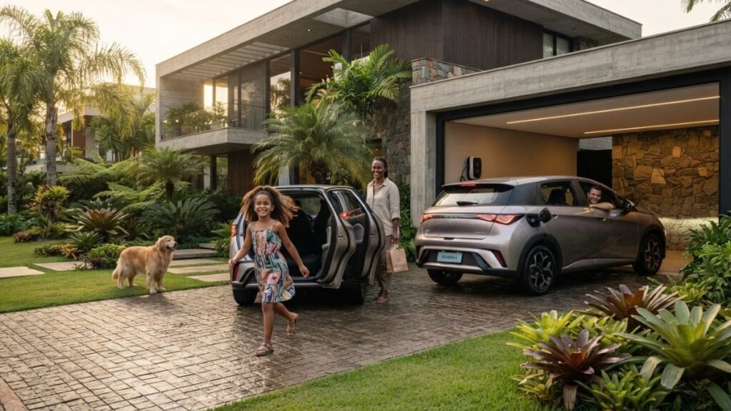 Fotografia de uma família na rampa de uma casa moderna com um carro elétrico BYD Dolphin cinza. Uma menina alegre corre em primeiro plano, uma mulher descarrega pacotes do porta-malas e um homem sorri de dentro do veículo na garagem, retratando o dia a dia familiar associado às vantagens do IPVA Carro Elétrico MG.