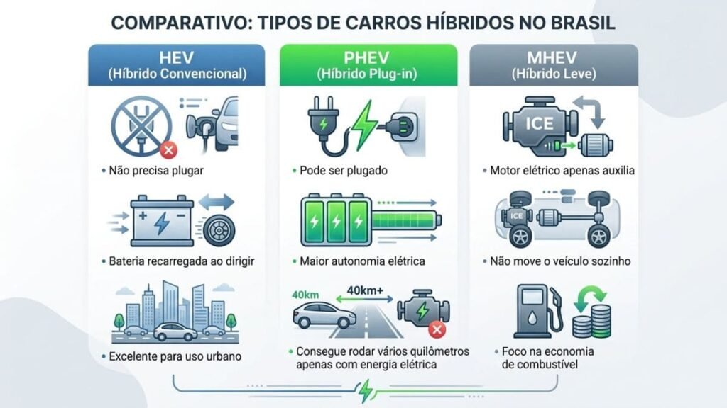 Infográfico explicativo dividindo as três categorias de veículos híbridos no Brasil para ajudar no entendimento do IPVA Carro Híbrido SP: HEV (Híbrido Convencional), PHEV (Híbrido Plug-in) e MHEV (Híbrido Leve). Cada coluna traz tópicos com ícones e características de funcionamento do motor e das baterias.
