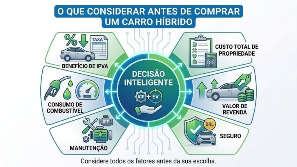 Infográfico circular explicando o que considerar ao comprar um carro eletrificado. No centro está escrito "Decisão Inteligente", cercado por seis ramificações que detalham fatores como o benefício do IPVA Carro Híbrido SP, consumo de combustível, manutenção, seguro, valor de revenda e custo total de propriedade.