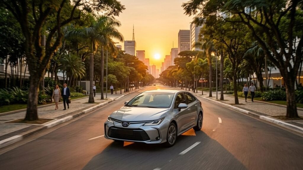 Fotografia de um sedan híbrido prateado em movimento pelo centro da Avenida Paulista em São Paulo, durante o pôr do sol. A via é cercada por árvores, calçadas com pedestres e grandes edifícios ao fundo, ilustrando a mobilidade do IPVA Carro Híbrido SP.