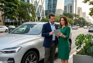 Fotografia de um homem de terno e uma mulher de vestido verde analisando informações em um tablet ao lado de um SUV híbrido prateado. Eles estão estacionados em uma avenida comercial moderna de São Paulo, ilustrando o planejamento do IPVA Carro Híbrido SP.