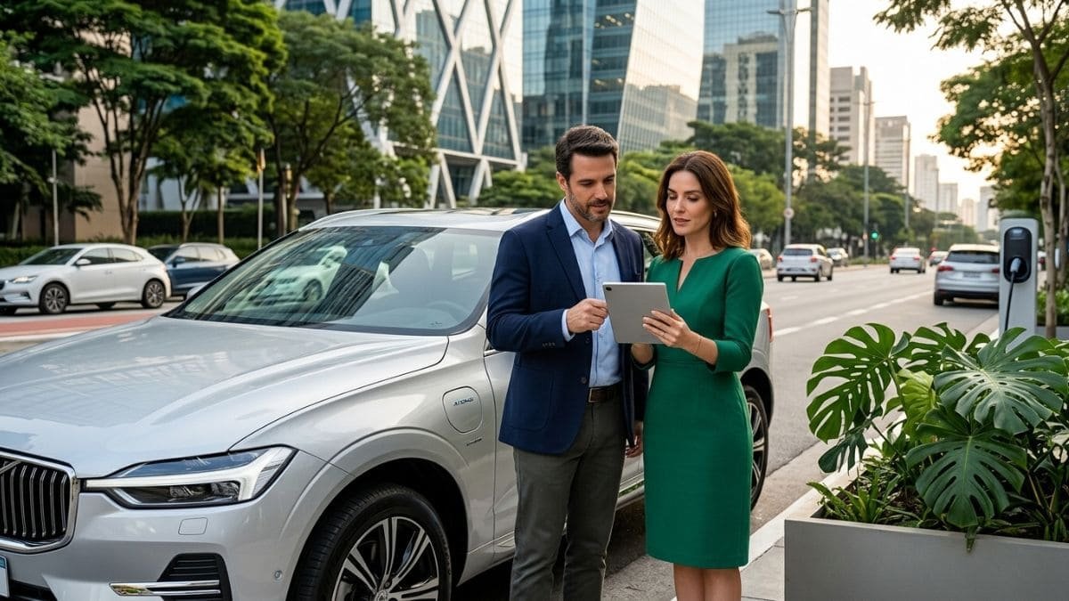 Fotografia de um homem de terno e uma mulher de vestido verde analisando informações em um tablet ao lado de um SUV híbrido prateado. Eles estão estacionados em uma avenida comercial moderna de São Paulo, ilustrando o planejamento do IPVA Carro Híbrido SP.