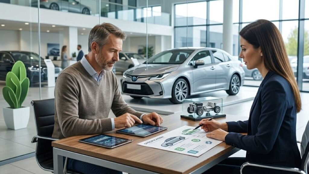 Fotografia de um cliente de suéter usando um tablet ao lado de uma consultora em uma mesa de concessionária de automóveis. Eles analisam fichas técnicas enquanto um carro híbrido prata está em exibição ao fundo, simulando a simulação de custos do IPVA Carro Híbrido SP.