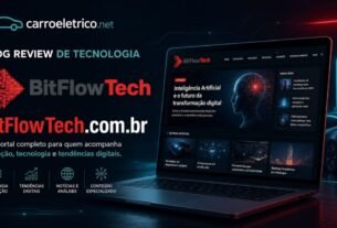 Banner promocional com um notebook aberto exibindo a interface escura de um blog de review de tecnologia chamado BitFlowTech. À esquerda, constam o logotipo vermelho, o domínio BitFlowTech.com.br e ícones sobre inovação, análises e tendências digitais, sob a marca carroeletrico.net.