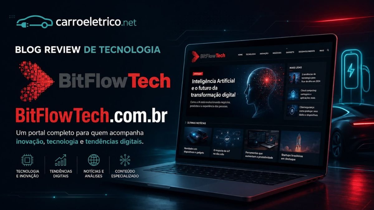 Banner promocional com um notebook aberto exibindo a interface escura de um blog de review de tecnologia chamado BitFlowTech. À esquerda, constam o logotipo vermelho, o domínio BitFlowTech.com.br e ícones sobre inovação, análises e tendências digitais, sob a marca carroeletrico.net.