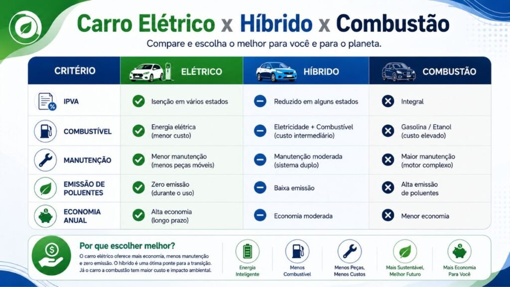 Infográfico em tabela comparativa com o título "Carro Elétrico x Híbrido x Combustão". A imagem analisa cinco critérios (IPVA, Combustível, Manutenção, Emissão de Poluentes e Economia Anual) para cada tipo de motorização, destacando a isenção de IPVA e os benefícios dos modelos elétricos para esclarecer se Carro Elétrico Paga IPVA no RS.