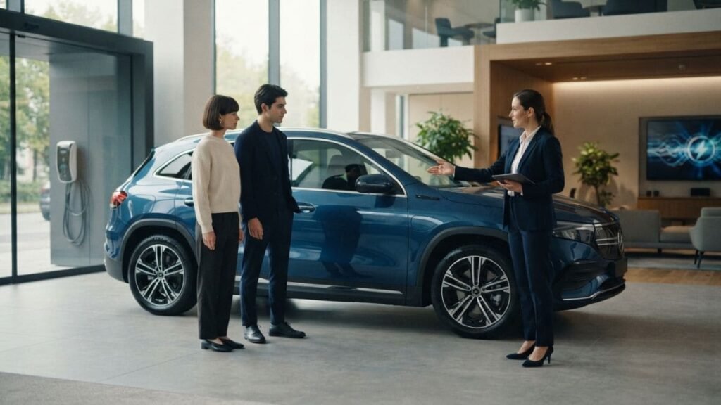 Fotografia de um casal atento ouvindo as explicações de uma consultora de vendas em uma concessionária automotiva moderna. Ao centro, destaca-se um SUV elétrico Mercedes-Benz EQA azul-metálico, exemplificando o momento de escolha do veículo e as dúvidas sobre se Carro Elétrico Paga IPVA no RS.