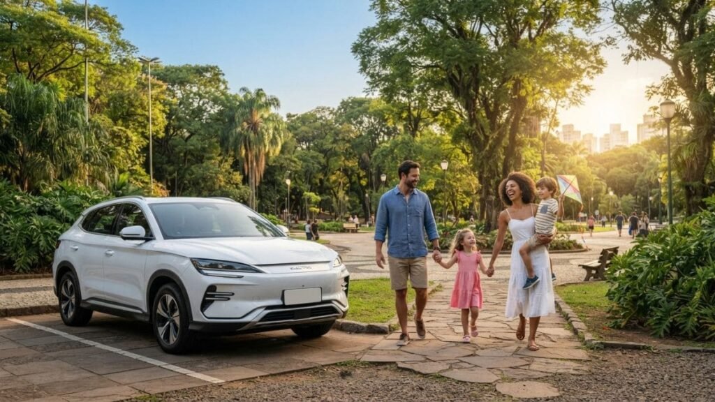 Fotografia de uma família sorridente — pai, mãe e dois filhos — caminhando por um parque arborizado ao lado de um SUV elétrico BYD Song Plus branco estacionado. A mãe carrega o menino com uma pipa colorida enquanto o pai segura a mão da filha, ilustrando a qualidade de vida e a economia ao entender se Carro Elétrico Paga IPVA no RS.