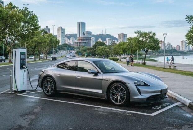 Fotografia de um Porsche Taycan cinza-prata estacionado em uma vaga de recarga na Orla do Guaíba, em Porto Alegre. O veículo está conectado a uma estação de carregamento rápida enquanto pedestres e ciclistas passeiam ao fundo, ilustrando o cenário da mobilidade e a dúvida se Carro Elétrico Paga IPVA no RS.
